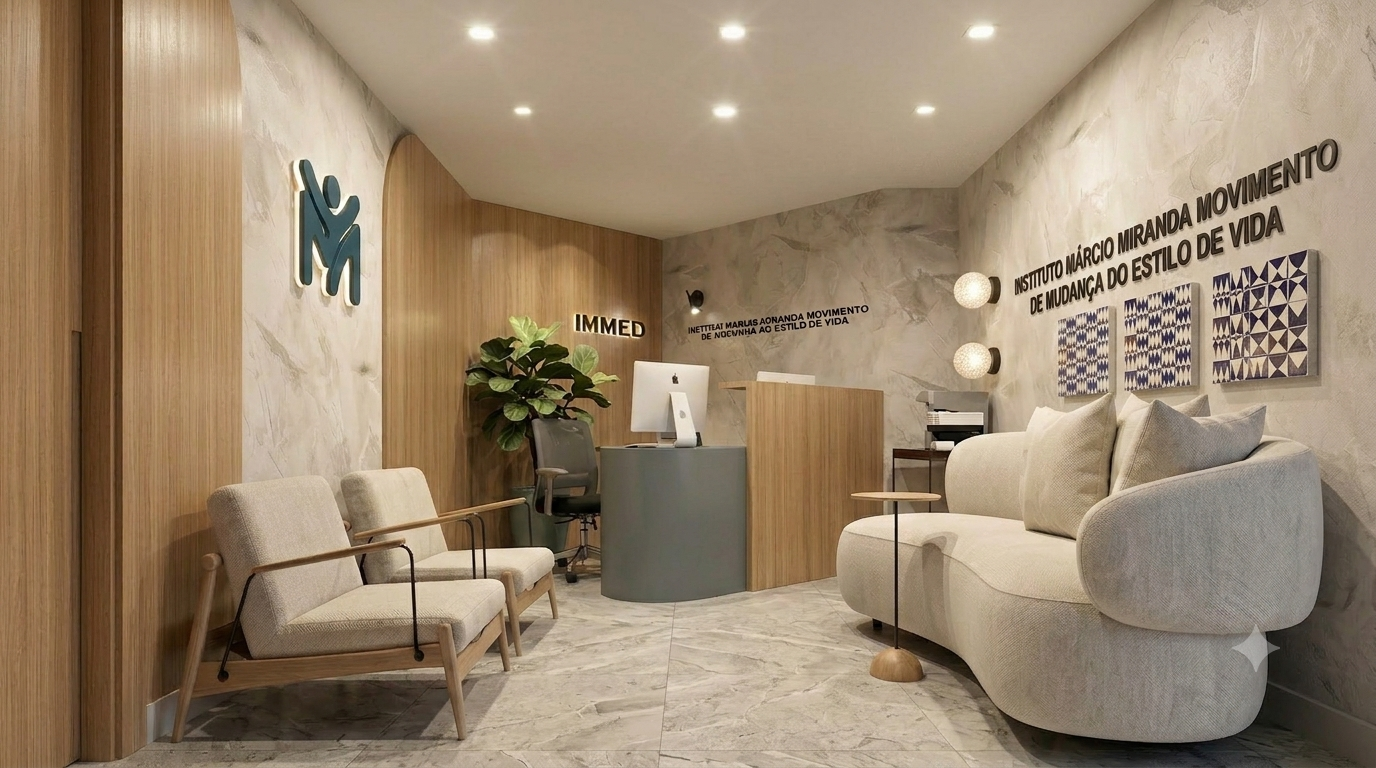 Recepção acolhedora e moderna do Instituto Márcio Miranda na Área Octogonal, Brasília. Proporcionamos um acompanhamento individualizado para cuidar do metabolismo, prevenir complicações e apoiar mudanças reais no estilo de vida.